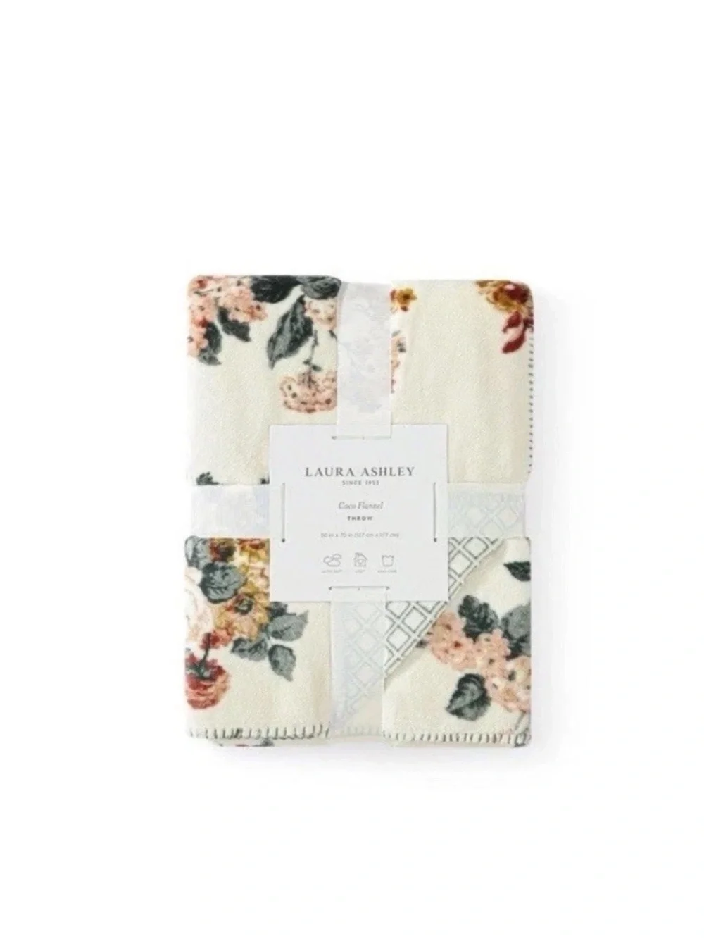 Laura Ashley ~ Rosemore Tan Floral Reversible Coco Flannel Throw Blanket 50 X 70